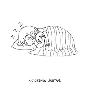Desenho para colorir de um menino dormindo na cama com seu coelho de pelúcia