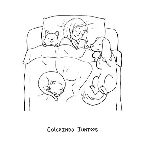 Desenho para colorir de uma menina dormindo na cama com seus bichinhos