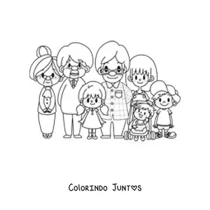 Desenho para colorir de uma família kawaii posando com um casal de avós
