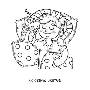 Desenho para colorir de um menino dormindo na cama com seu gato