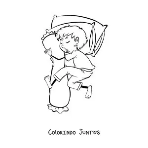 Desenho para colorir de um menino animado dormindo abraçando um travesseiro