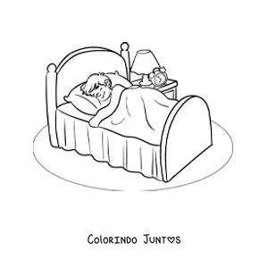 Desenho para colorir de um menino animado dormindo no quarto com um despertador