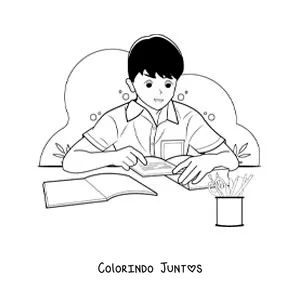 Desenho para colorir de um menino de uniforme estudando em um livro