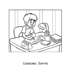 Desenho para colorir de um menino fazendo a lição de casa em uma escrivaninha
