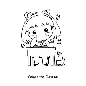 Desenho para colorir de uma menina kawaii fazendo a lição de matemática em uma carteira