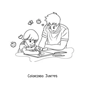 Desenho para colorir de um pai ajudando a filha a fazer a lição de casa