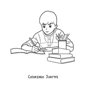 Desenho para colorir de um menino fazendo a lição de casa à mesa