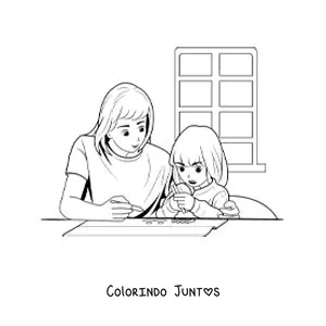 Desenho para colorir de uma mãe ajudando a filha a fazer a lição de casa