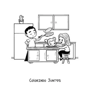 Desenho para colorir de uma mãe ajudando a filha com a lição enquanto o pai cozinha