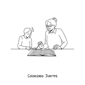 Desenho para colorir de uma mãe ajudando o filho com a lição de casa