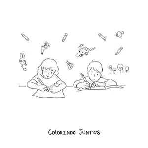 Desenho para colorir de duas crianças fazendo a lição de casa à mesa