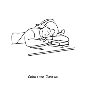 Desenho para colorir de uma menina dormindo na mesa depois de fazer a lição de casa