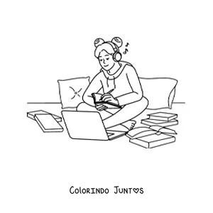 Desenho para colorir de uma menina fazendo a lição de casa com a ajuda de um notebook