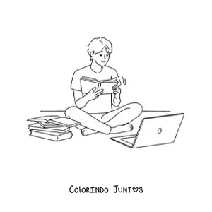 Desenho para colorir de um menino fazendo a lição de casa com a ajuda de um notebook