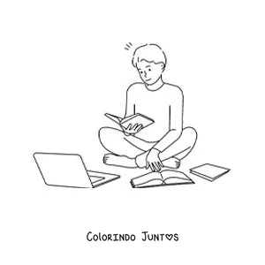 Desenho para colorir de um menino estudando para a escola com livros e um notebook
