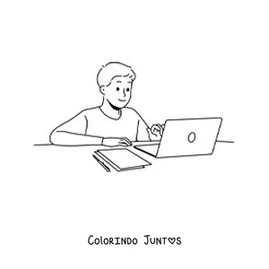 Desenho para colorir de um menino pesquisando para a lição de casa com um notebook