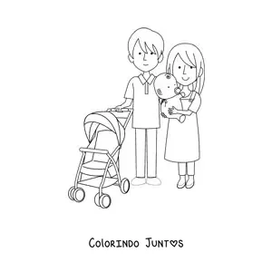 Desenho para colorir de dois pais passeando com um bebê