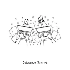 Desenho para colorir de dois jovens sentados fazendo a lição de casa em computadores