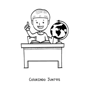 Desenho para colorir de um menino levantando a mão em uma carteira