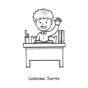 Desenho para colorir de um menino erguendo a mão em uma carteira
