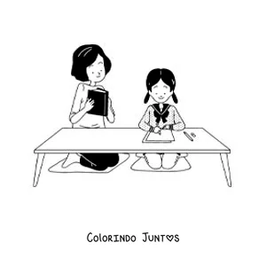 Desenho para colorir de uma mãe ajudando a filha com a lição de casa depois da escola