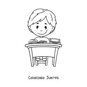 Desenho para colorir de um menino sentado lendo em uma escrivaninha