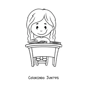 Desenho para colorir de uma menina sentada estudando em uma escrivaninha