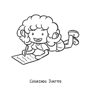 Desenho para colorir de uma menina fazendo a lição de casa no chão