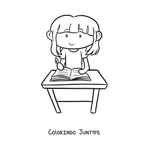 Desenho para colorir de uma menina escrevendo sua tarefa em uma escrivaninha
