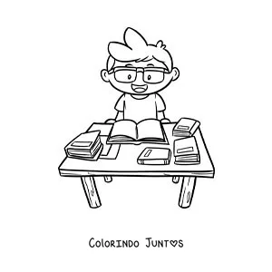 Desenho para colorir de um menino estudando em uma mesa