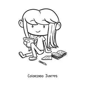 Desenho para colorir de uma menina estudando em um tablet