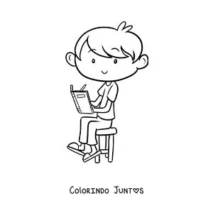 Desenho para colorir de um menino sentado em uma cadeira fazendo sua tarefa