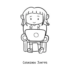 Desenho para colorir de uma menina sentada fazendo sua tarefa em um computador