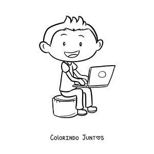 Desenho para colorir de um menino sentado fazendo seus deveres em um computador