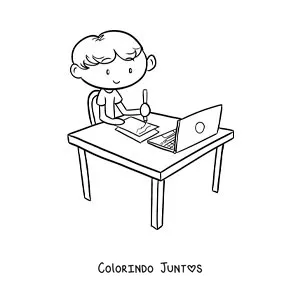 Desenho para colorir de um menino sentado escrevendo em frente a um computador