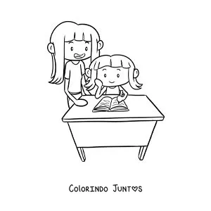 Desenho para colorir de uma menina ajudando sua irma a fazer os deveres