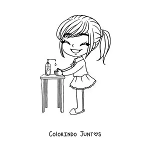 Desenho para colorir de uma menina kawaii limpando as maos com alcool em gel