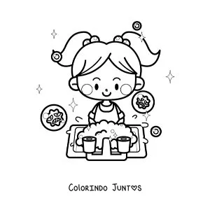 Desenho para colorir de uma menina kawaii lavando as maos para se proteger dos virus