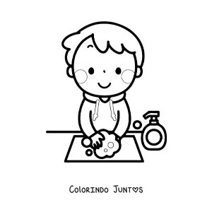 Desenho para colorir de um menino kawaii lavando as maos com agua e sabao