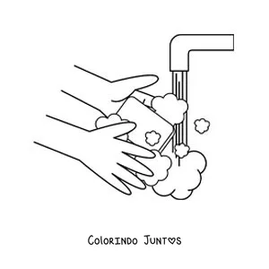 Desenho para colorir de um par de maos com sabao e espuma sob o jato de agua