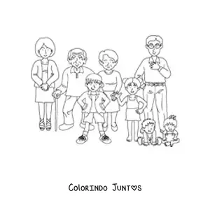 Desenho para colorir de uma família numerosa com quatro crianças e dois avós
