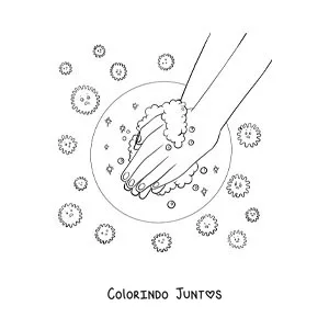 Desenho para colorir de um par de maos com espuma protegidas de um virus animado