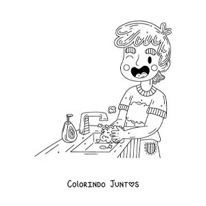 Desenho para colorir de um menino lavando as maos antes de comer