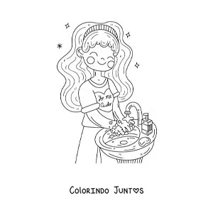 Desenho para colorir de uma menina lavando as maos antes de comer