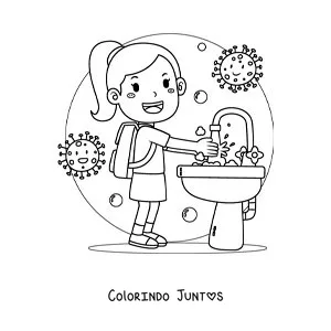 Desenho para colorir de uma menina lavando as maos na escola para prevenir doencas