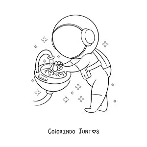 Desenho para colorir de um astronauta animado lavando as maos