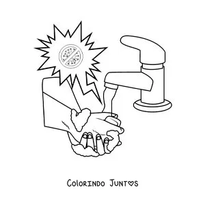Desenho para colorir de um par de maos com espuma sob o jato de agua protegidas de um virus animado