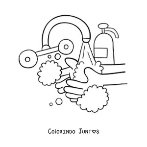 Desenho para colorir de um par de maos com sabao sob o jato de agua na pia