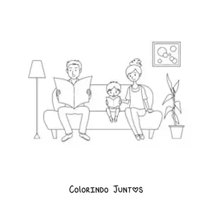 Desenho para colorir de uma mãe e um pai sentados no sofá ao lado do filho pequeno