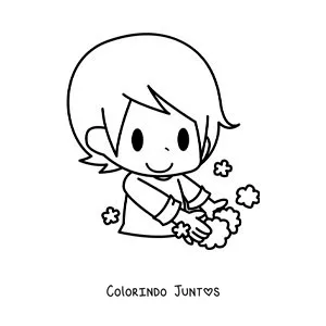 Desenho para colorir de um menino kawaii lavando as maos